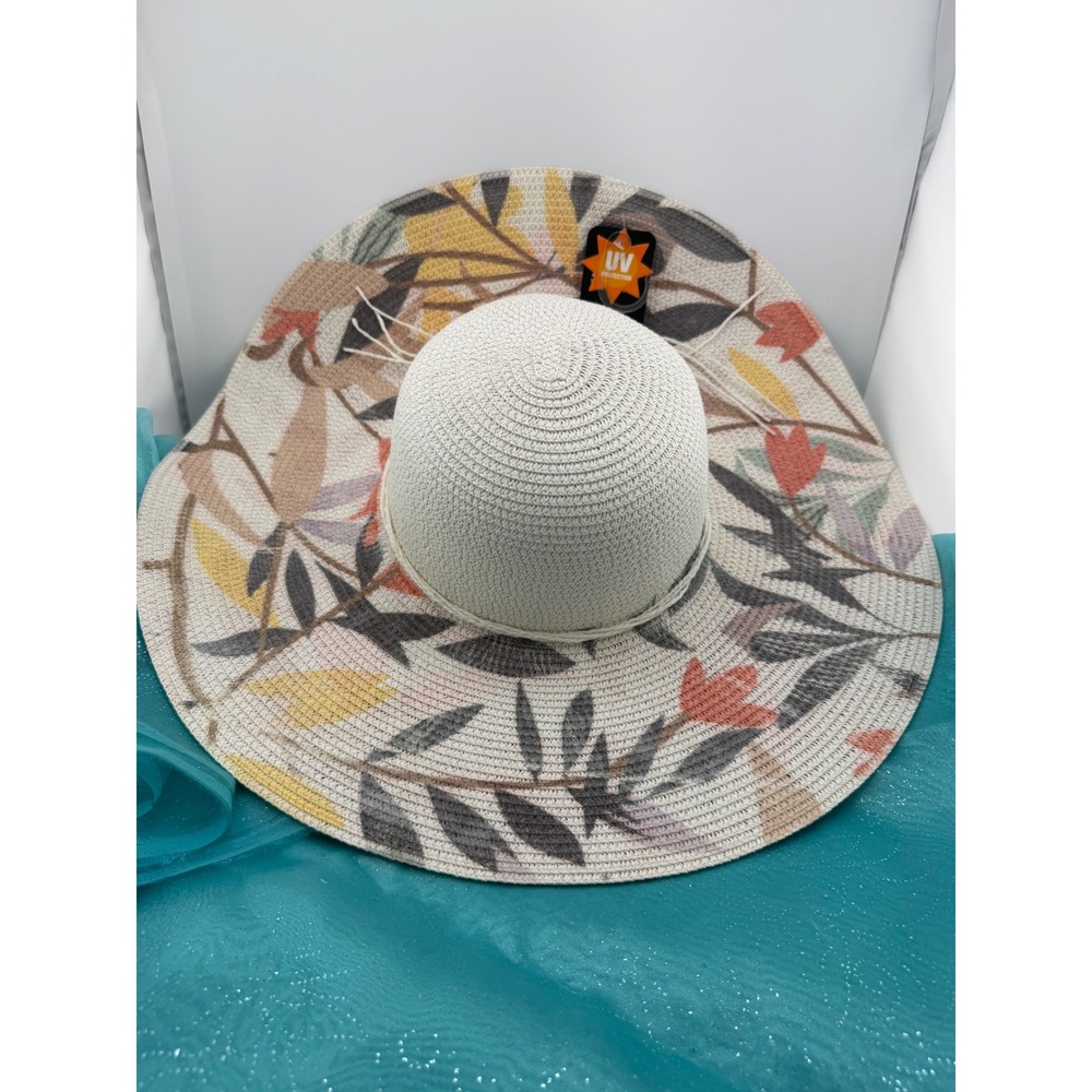 Lucky‎ 7 USA Womens Wide Brim Paper Straw Sun Hat Floral UV Protection Cream